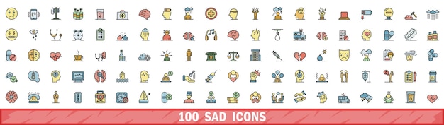 100 iconos tristes con estilo de línea de color
