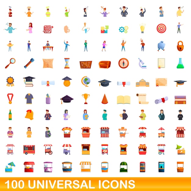 100 iconos universales establecidos. Ilustración de dibujos animados de 100 iconos universales vector conjunto aislado sobre fondo blanco