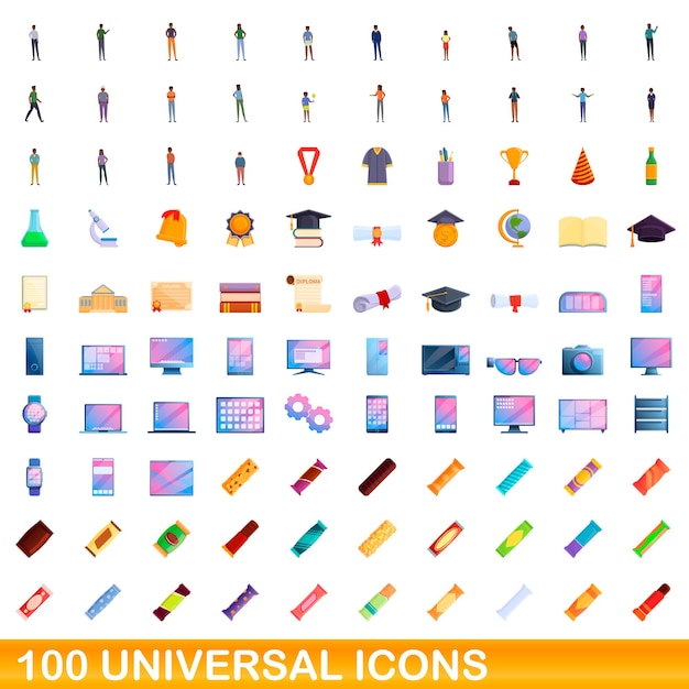 100 iconos universales establecidos. ilustración de dibujos animados de 100 iconos universales vector conjunto aislado sobre fondo blanco