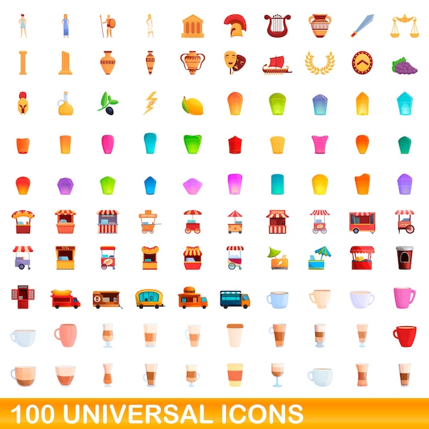 100 iconos universales establecidos. Ilustración de dibujos animados de 100 iconos universales vector conjunto aislado sobre fondo blanco