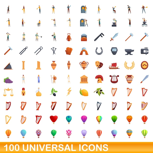 100 iconos universales, estilo de dibujos animados