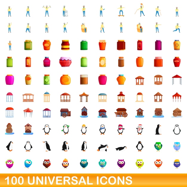 100 iconos universales, estilo de dibujos animados