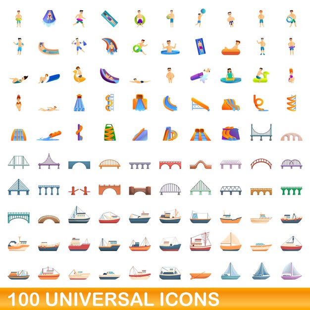 100 iconos universales, estilo de dibujos animados