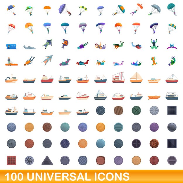 100 iconos universales, estilo de dibujos animados