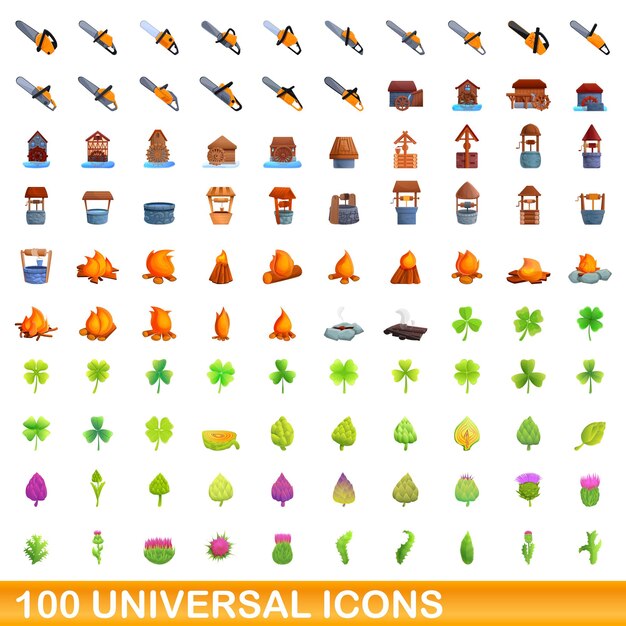 100 iconos universales, estilo de dibujos animados