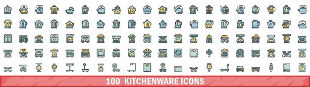 100 iconos de utensilios de cocina con estilo de línea de color