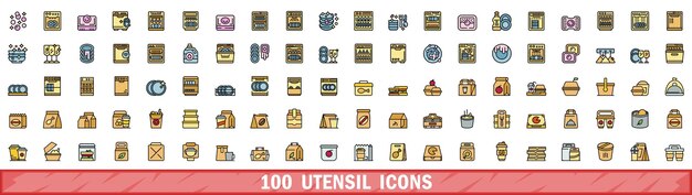 100 iconos de utensilios con estilo de línea de color