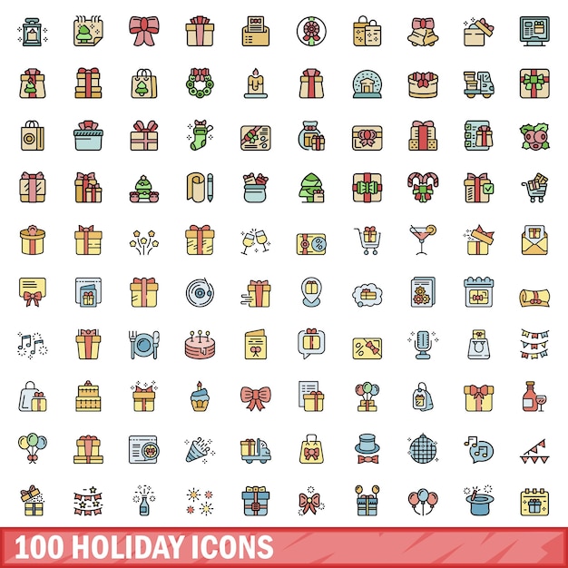 100 iconos de vacaciones establecidos Conjunto de líneas de color de iconos de vector de vacaciones color de línea delgada plana sobre blanco