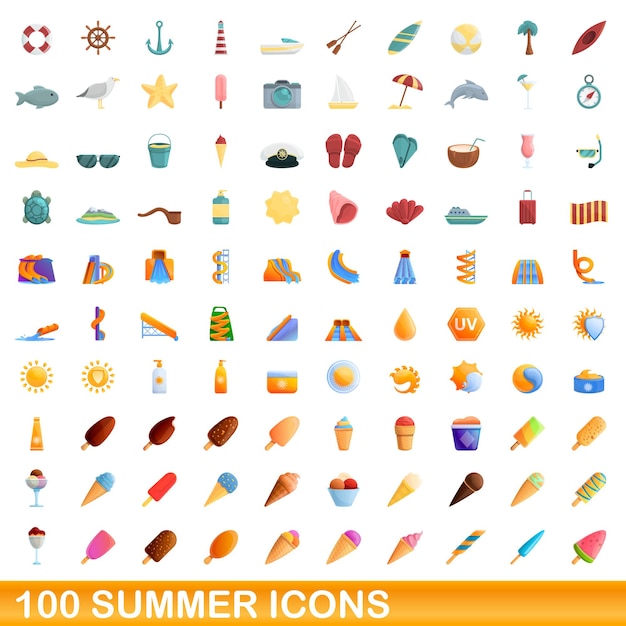 100 iconos de verano establecidos. ilustración de dibujos animados de 100 iconos de verano conjunto de vectores aislado sobre fondo blanco