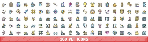 100 íconos de veterinario conjunto de estilo de línea de color