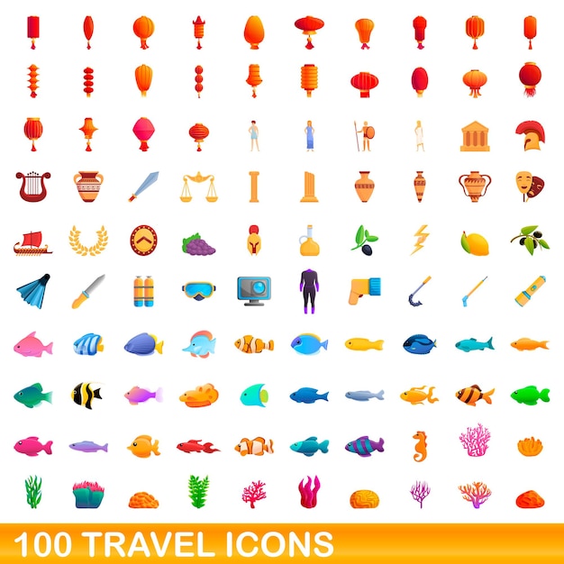 100 iconos de viaje establecidos. Ilustración de dibujos animados de 100 iconos de viaje vector conjunto aislado sobre fondo blanco
