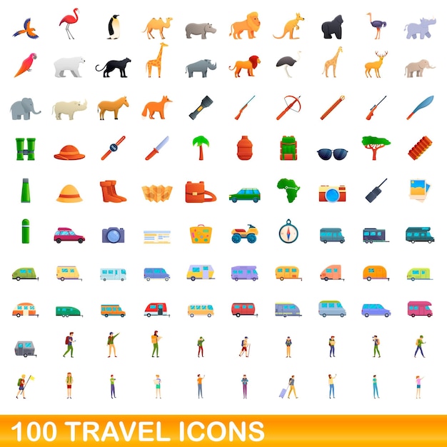 100 iconos de viaje establecidos. Ilustración de dibujos animados de 100 iconos de viaje vector conjunto aislado sobre fondo blanco