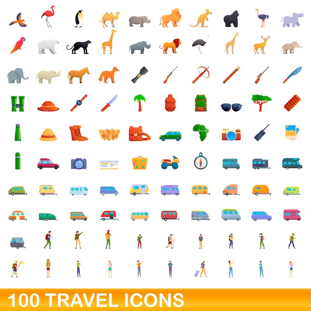 100 iconos de viaje establecidos. ilustración de dibujos animados de 100 iconos de viaje vector conjunto aislado sobre fondo blanco