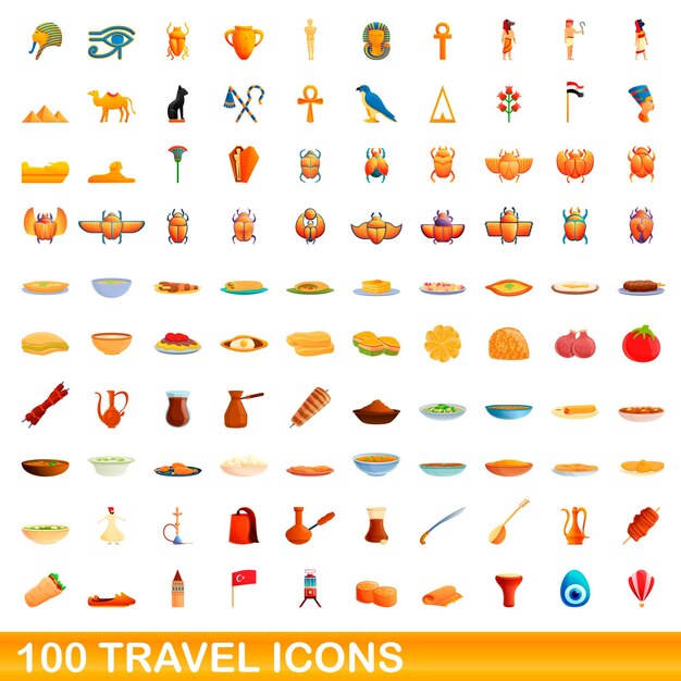 100 iconos de viaje establecidos. Ilustración de dibujos animados de 100 iconos de viaje vector conjunto aislado sobre fondo blanco