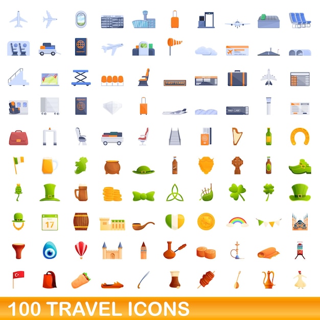 100 iconos de viaje establecidos. Ilustración de dibujos animados de 100 iconos de viaje vector conjunto aislado sobre fondo blanco