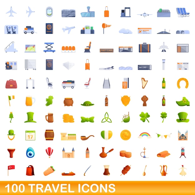 100 iconos de viaje establecidos. ilustración de dibujos animados de 100 iconos de viaje vector conjunto aislado sobre fondo blanco