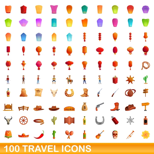 100 iconos de viaje establecidos. Ilustración de dibujos animados de 100 iconos de viaje vector conjunto aislado sobre fondo blanco