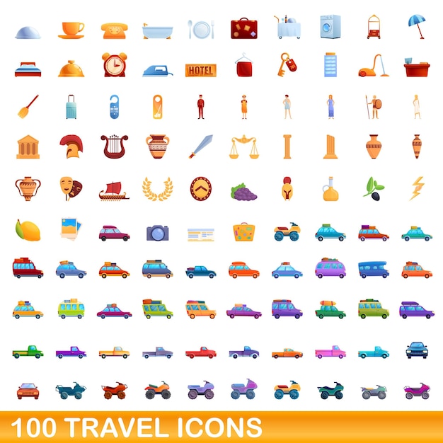 100 iconos de viaje establecidos. Ilustración de dibujos animados de 100 iconos de viaje vector conjunto aislado sobre fondo blanco