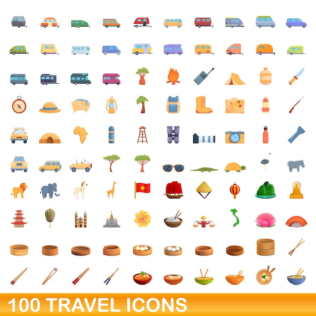 100 iconos de viaje, estilo de dibujos animados