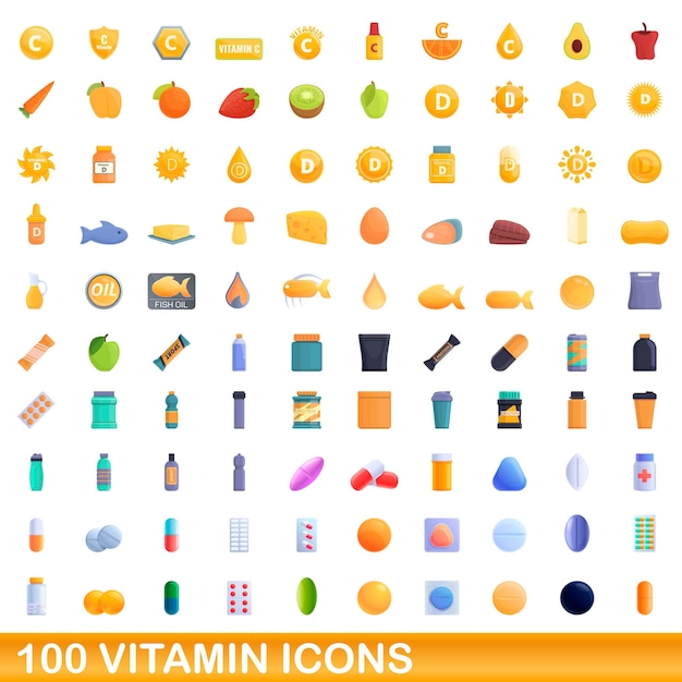 100 iconos de vitamina, estilo de dibujos animados