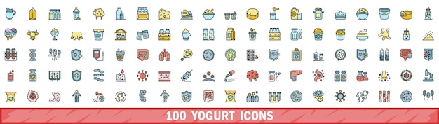 100 íconos de yogur con estilo de línea de color