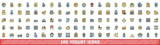 100 íconos de yogur con estilo de línea de color