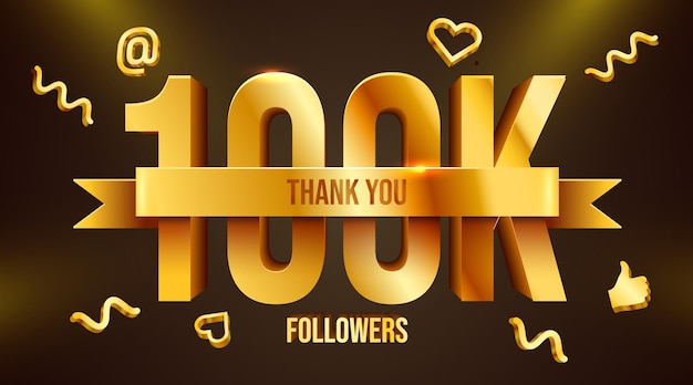 100k o 100000 seguidores gracias números dorados con cinta redes sociales amigos seguidores web
