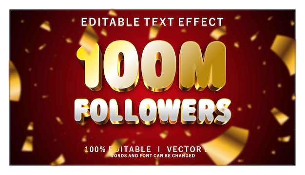 100M seguidores efecto de texto vectorial 3D con diseño de estilo moderno