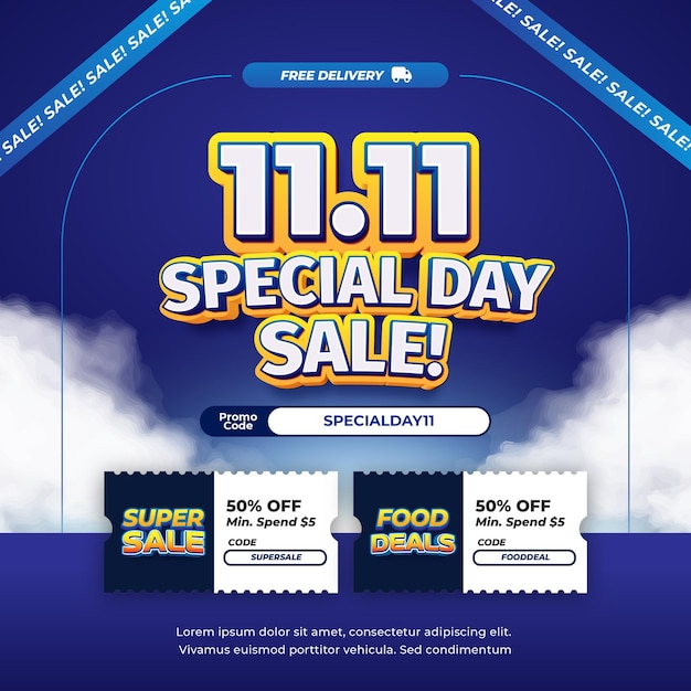 11 Día de compras Ofertas de descuento de venta Gradiente azul código de promoción de cupón exclusivo