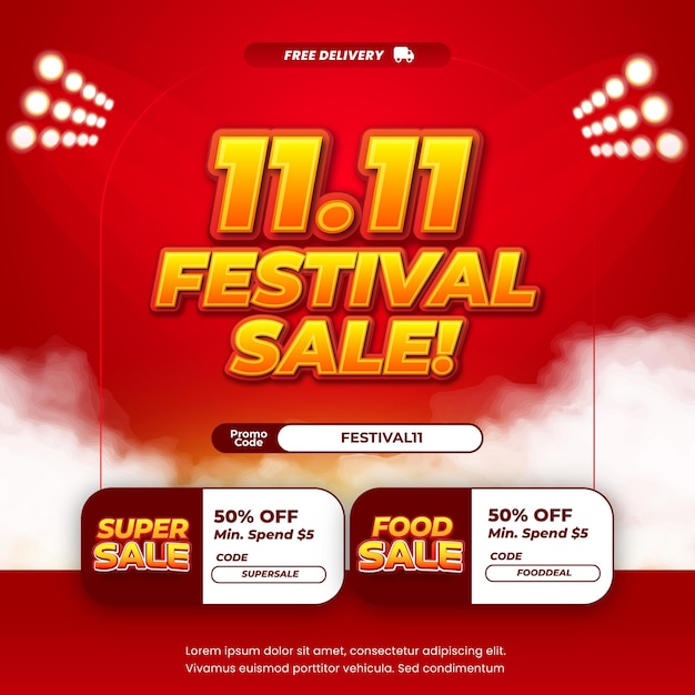 11 Día de compras Ofertas de descuento de venta Gradiente dinámico rojo Texto editable con banner de cupón