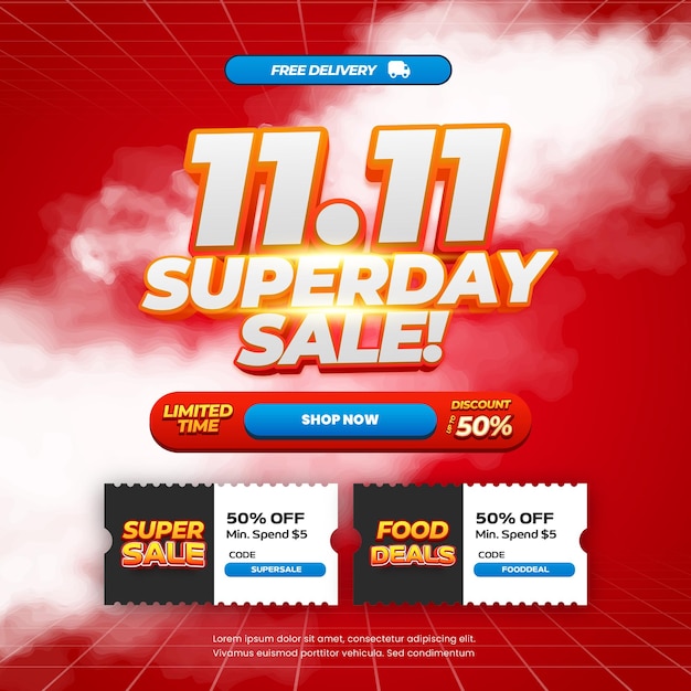 11 Día de compras Ofertas de descuento de venta gradiente rojo con vector de banner de vales