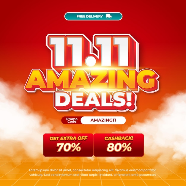 11 Día de compras Ofertas de descuento de venta Texto editable con plantilla de banner de cuadrícula de gradiente naranja rojo