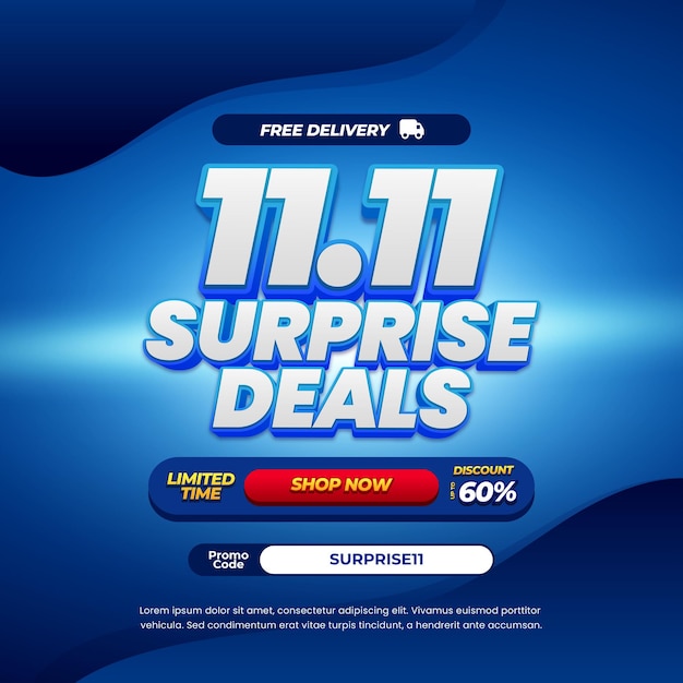 11 Día de compras Ofertas de descuento de venta con vector de banner simple de gradiente azul
