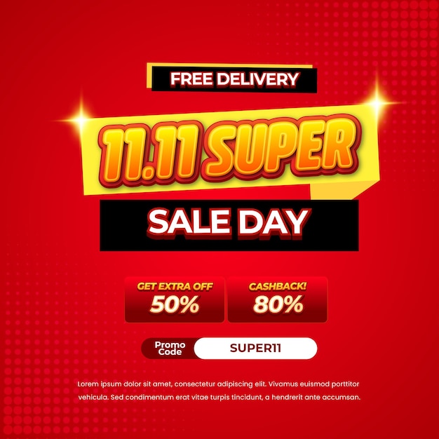 11 ofertas de descuento de ventas del día de compras Gradiente rojo plantilla de banner pop-up amarilla