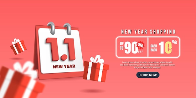 11 Venta de año nuevo con calendario 3D Diseño de plantilla de banner de ventas de enero para redes sociales y sitio web