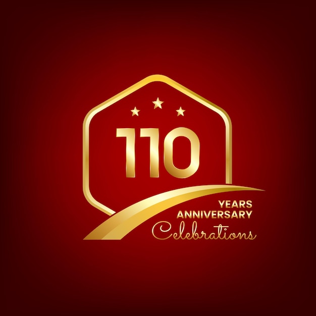 110 años de aniversario dentro del hexágono dorado y curva con fondos rojos