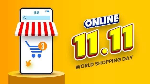 1111 banner de venta de día de compras en línea con teléfono inteligente y podio ilustración vectorial
