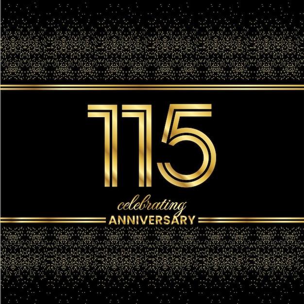 115 Golden Double Line Number 115 Aniversario invitación cubierta con purpurina separada por líneas dobles doradas sobre un fondo negro