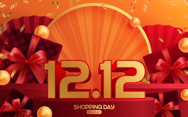 12.12 Festival de compras, diseño de banner de marketing de discursos en el fondo y caja de regalo de podio redondo, cinta roja y cinta flotante dorada con estilo artesanal.