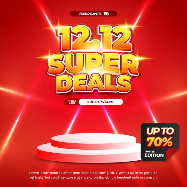 12 Día de compras Descuento de venta Podium de gradiente rojo vitrina de luz estandarte abstracto