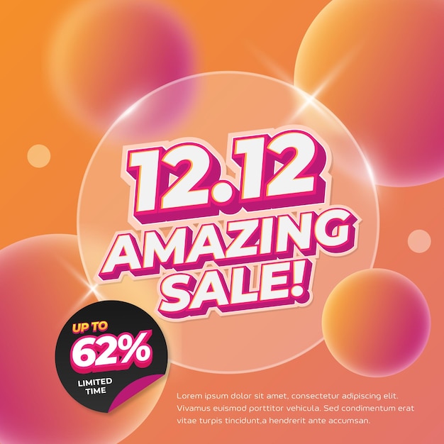 12 Día de compras Ofertas de descuento de venta con gradiente púrpura naranja suave Vector de banner de Glassmorphism