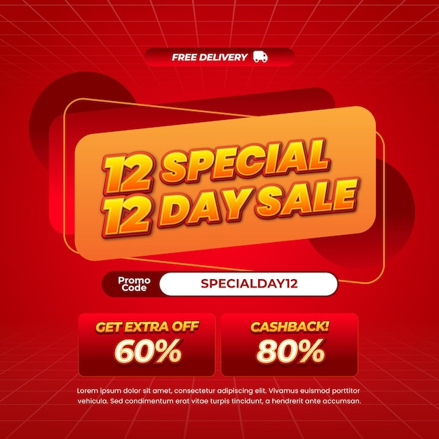 12 Día de compras Ofertas de descuento de venta con gradiente rojo Vector de insignia de etiqueta de rectángulo