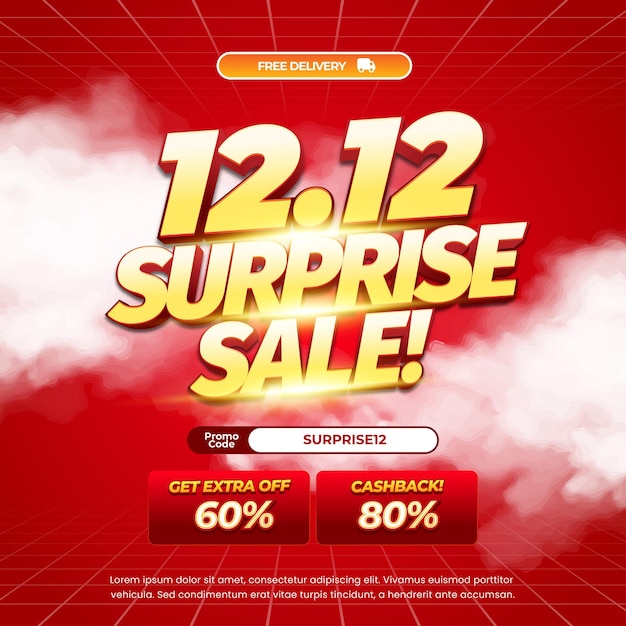 12 Día de compras Ofertas de descuento de venta con plantilla de banner de gradiente rojo de texto dorado