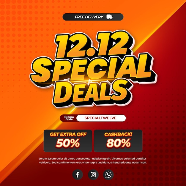 12 Día de compras Ofertas de descuento de venta separadas Gradiente rojo naranja Banner cómico de texto editable