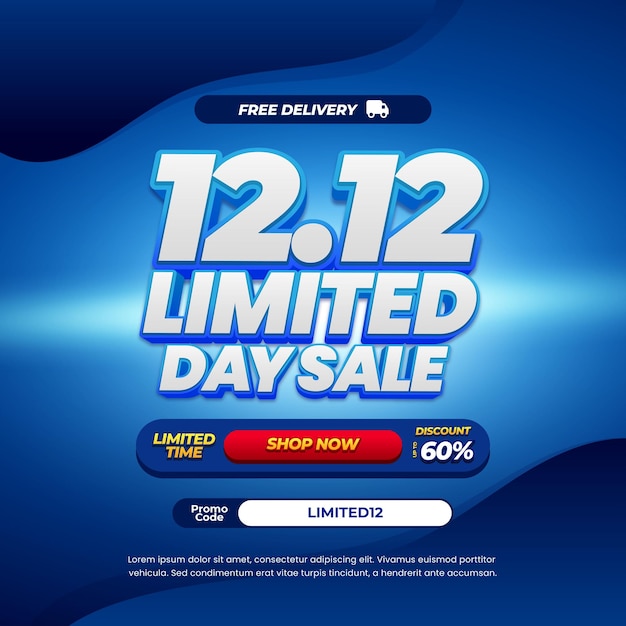 12 Día de compras Ofertas de descuento de venta con vector de banner simple de gradiente azul