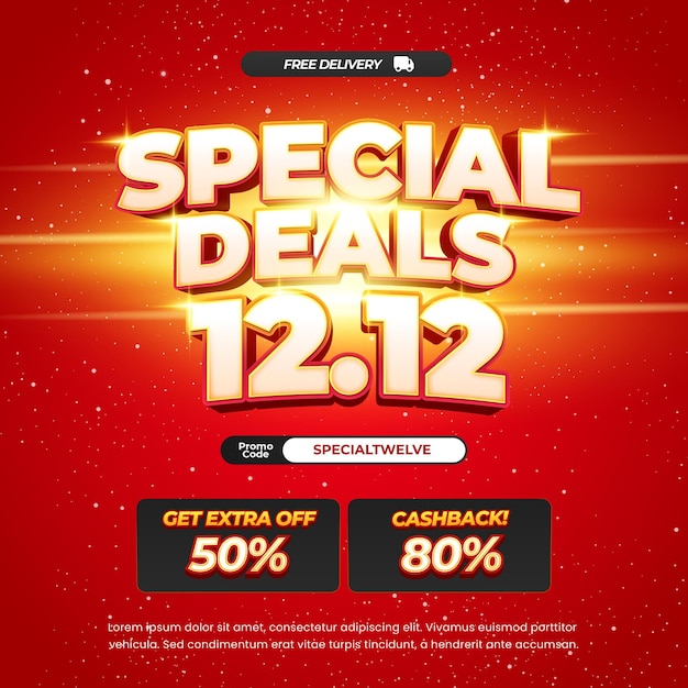 12 Día de compras Ofertas de descuento de venta vibrante Luz de destello de gradiente rojo Banner de efecto de texto editable