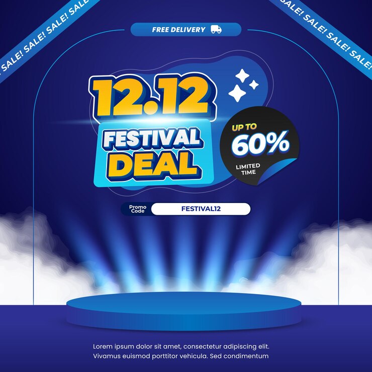 12 Día de compras Ofertas de descuento de ventas Podium de vitrina de gradiente azul estandarte de etiqueta abstracta