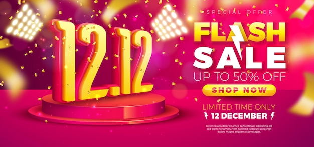 12 de diciembre Día de compras Diseño de venta flash con 3d 1212 Número de bombilla cartelera y podio de escenario