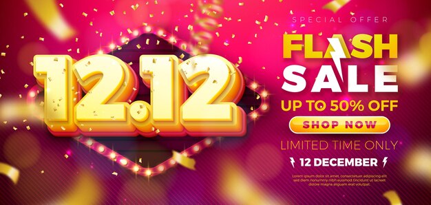 12 de diciembre Día de Compras Diseño de venta flash con 3d 1212 Número y cartel de bombillas