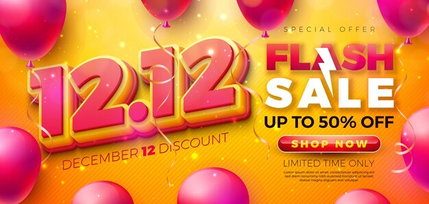 12 de diciembre Día de Compras Diseño de venta flash con 3d 1212 Número y globo de fiesta en confeti que cae